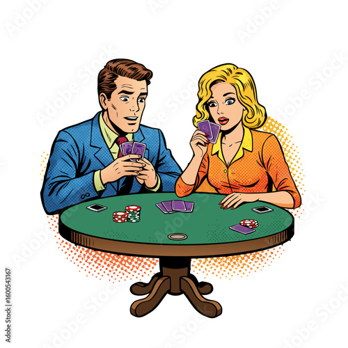 Couple playing cards at green table with poker chips and hand cards  