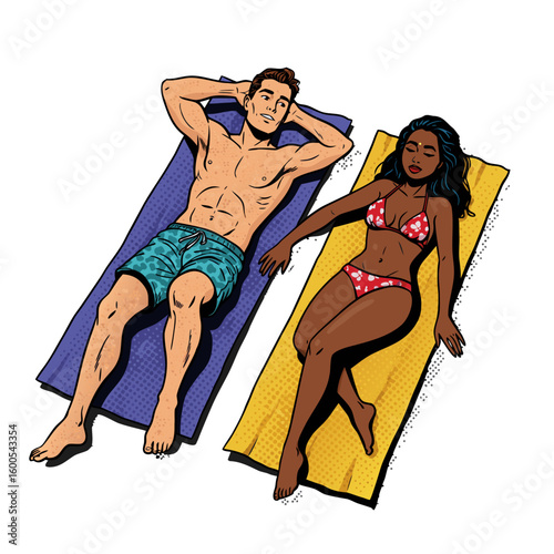 Couple sunbathing on colorful towels in summer sunshine  