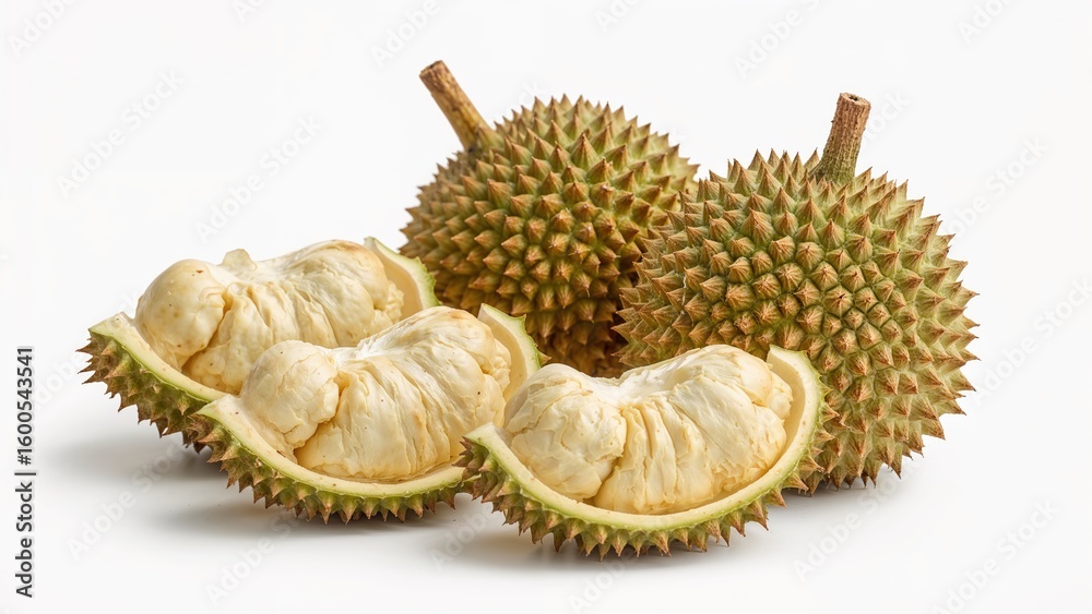Fototapeta premium Chunks of freshly harvested durian on a plain white surface