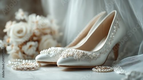Elegant bridal accessories with pearl shoes and veil, timeless romance and delicate beauty