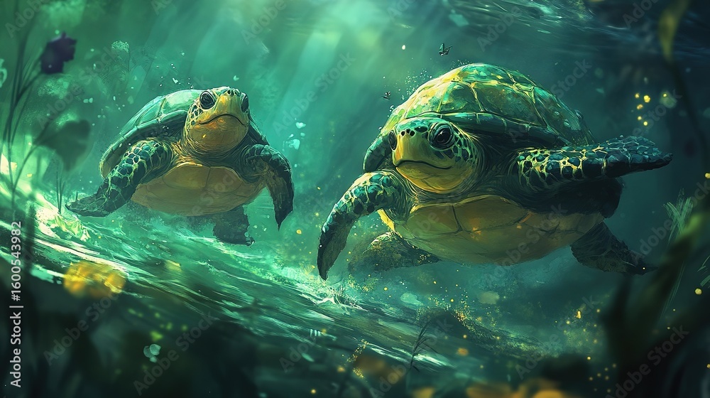 Fototapeta premium Two adorable turtles in a lush, vibrant underwater forest