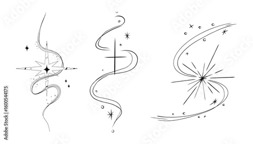 Abstract y2k line star, tattoo aesthetic doodle or sketch. Sparkle swirl silhouette line light, move, trail. Retro space orbit geometric 