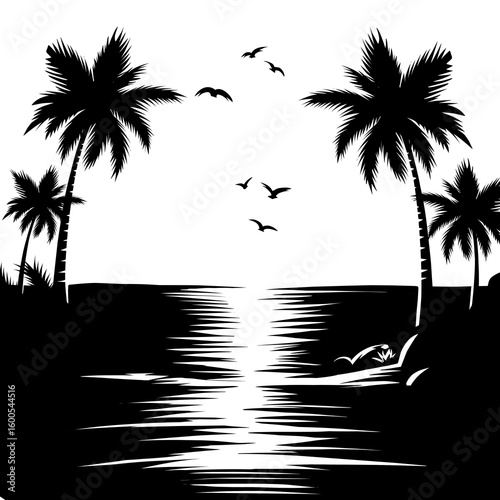 Tropical Beach Sunset Silhouette with Palm Trees and Flying Birds

