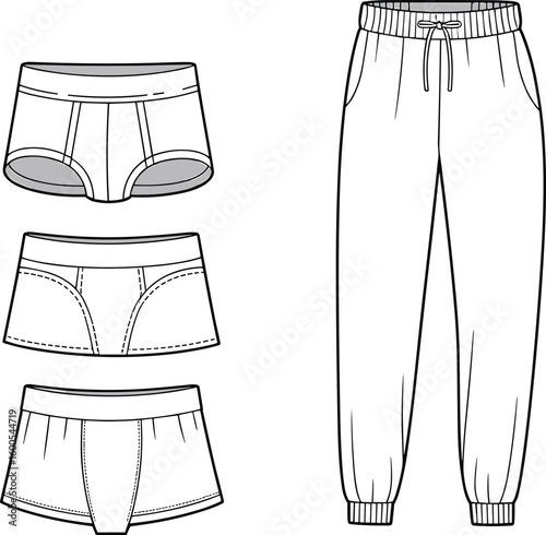 Men's briefs and jogger pants flat sketch, vector template, technical drawing, fashion cad, front view, design mockup, clothing illustration