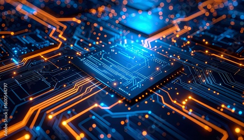 Futuristic Digital Circuit Board with Illuminated Orange and Deep Blue Pathways