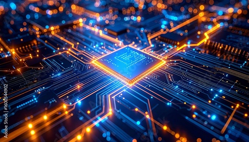 Futuristic Digital Circuit Board with Illuminated Orange and Deep Blue Pathways