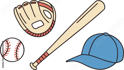 Vector Illustration of Baseball Equipment Set – Bat, Glove, Ball, Cap & Plate