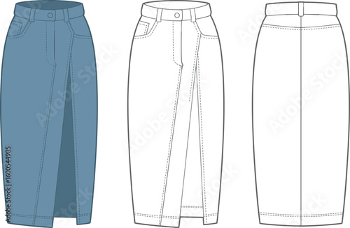CAD drawing flat vector illustration of long skirt, front slit detail, fashion garment template, stylish structured layout, design sketch views