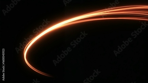 Abstract glowing orange and yellow light trails curving across a dark black background