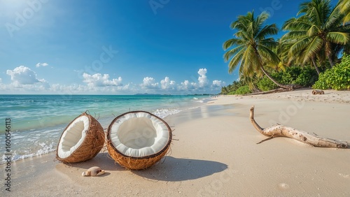 Fototapeta Naklejka Na Ścianę i Meble -  Recently opened coconut placed on an immaculate island coastline