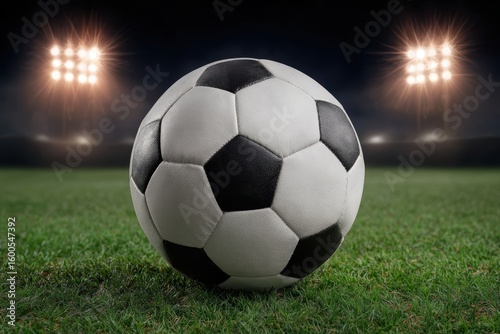 Soccer ball on a grassy field under stadium lights at night