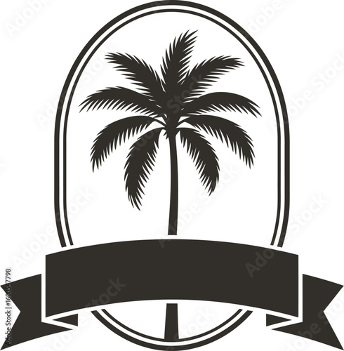 Elegant palm tree emblem with decorative ribbon and oval frame