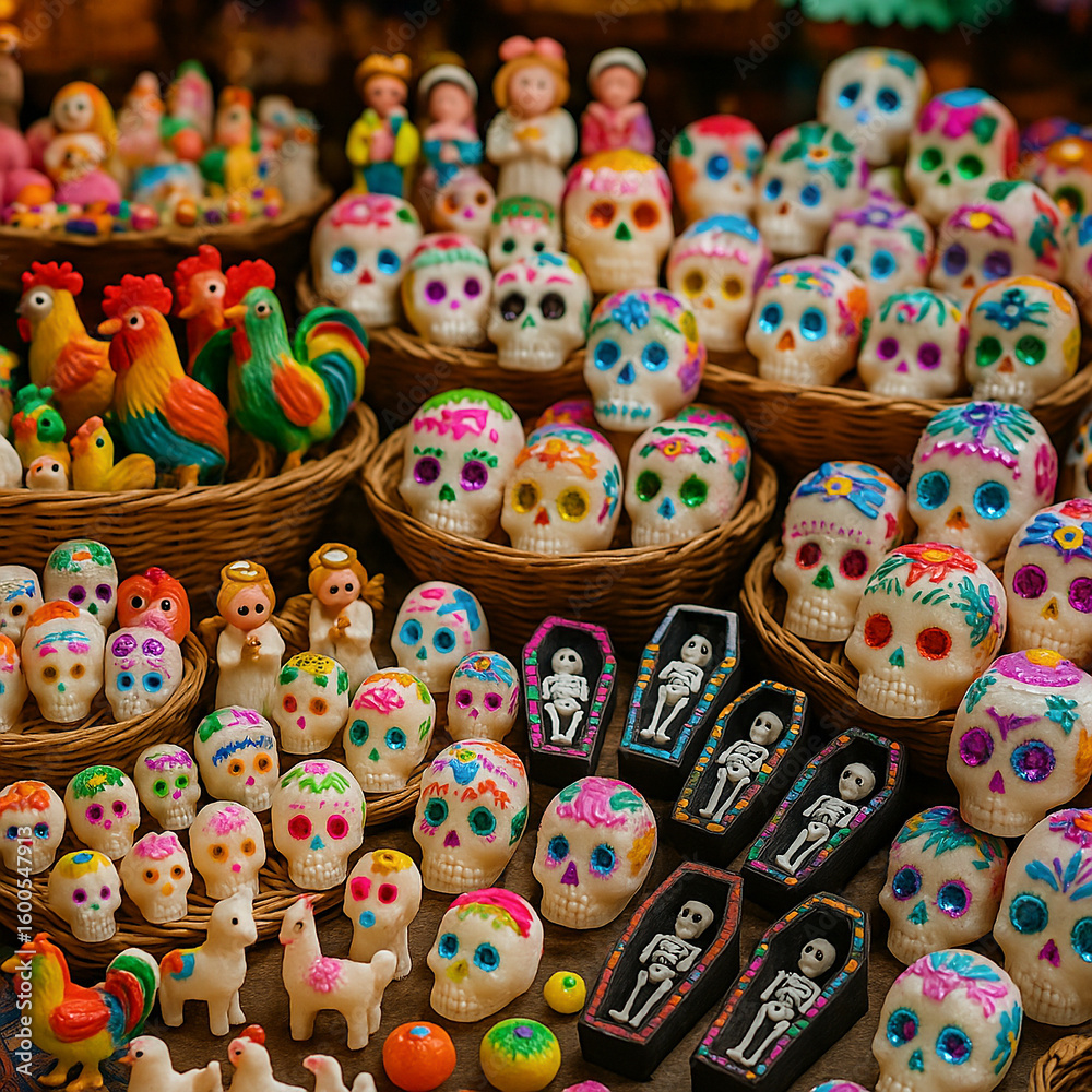 Fototapeta premium Traditional Mexican Sugar Skulls and Figurines for Day of the Dead Celebration