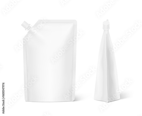 Realistic stand pouch bag with corner spout mockup. Vector illustration isolated on white background. Front view. Can be use for template your design, presentation, promo, ad. EPS10.
