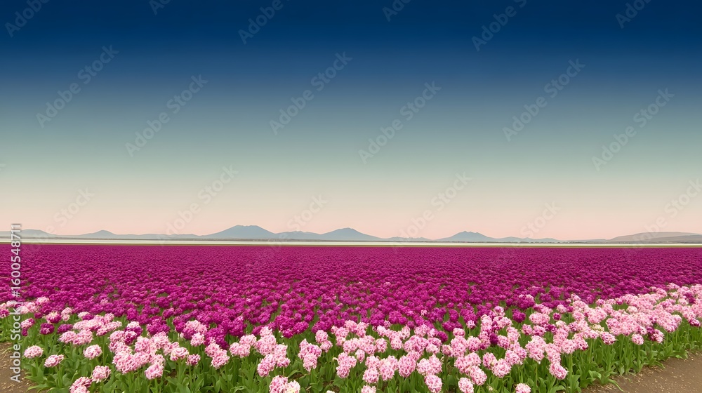 Obraz premium A vast field of vibrant pink and white flowers stretches towards a distant mountain range.