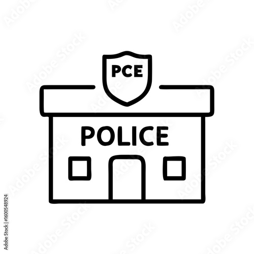 Illustration of a police station building with the word police and a pce badge symbol on top