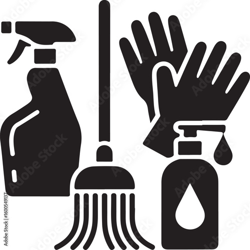 Cleaning supplies including spray bottle mop and gloves vector