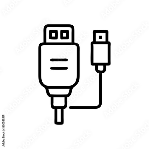 Illustration of a usb cable with a standard a connector and a mini b connector in black outline style