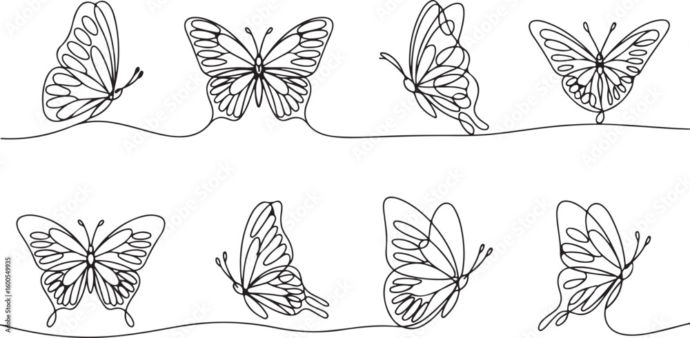 Fototapeta premium Delicate line art butterflies in various poses butterfly drawing