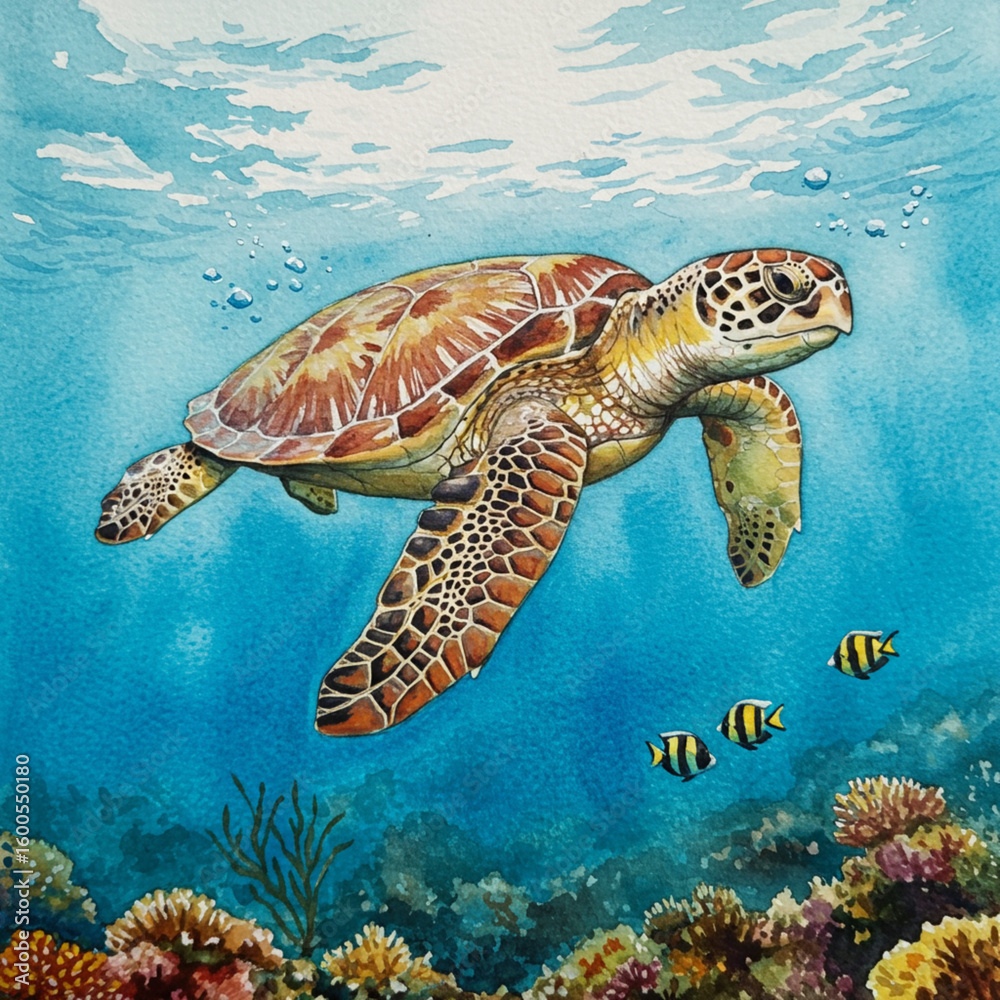 Fototapeta premium Elegant Sea Turtle Watercolor Gliding Underwater in a Serene Ocean Scene.