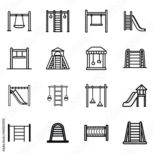 Collection of hand drawn playground equipment icons representing swings slides and climbing structures