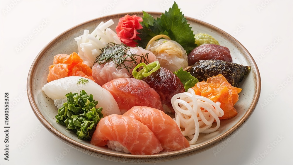 Selection of sushi presented on a plain white plate Selection of sushi presented on a plain white plate