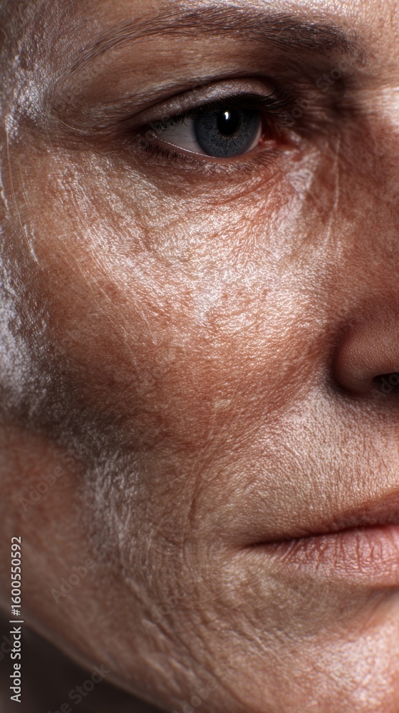 Obraz premium Detailed image of facial skin showing loss of elasticity and porcelain sheen from autoimmune skin thickening.