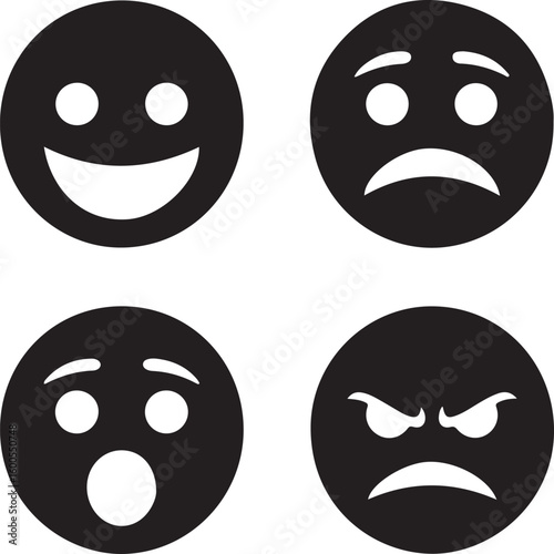 Four black emoji faces showing different emotions happy