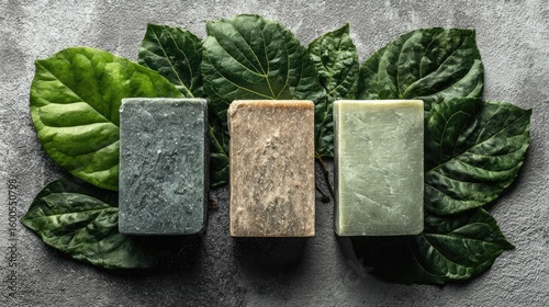 Three Handmade Soap Bars with Green Leaves on Gray Background