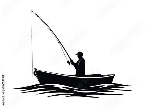 Silhouette of a man fishing in the sea on a boat