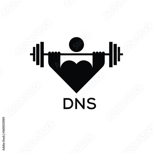 Minimalist DNS Logo with Dumbbell and Strong Arm Silhouette - Fitness Icon Design. DNS Letter Logo.
