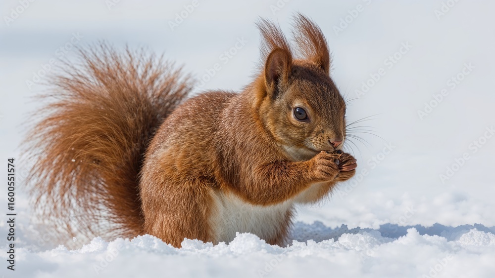 Obraz premium Sunny and frosty winter scene featuring a red squirrel Sciurus hudsonicus on snow.