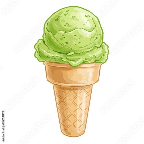 Delicious Green Ice Cream Scoop in Waffle Cone Summer Dessert Treat