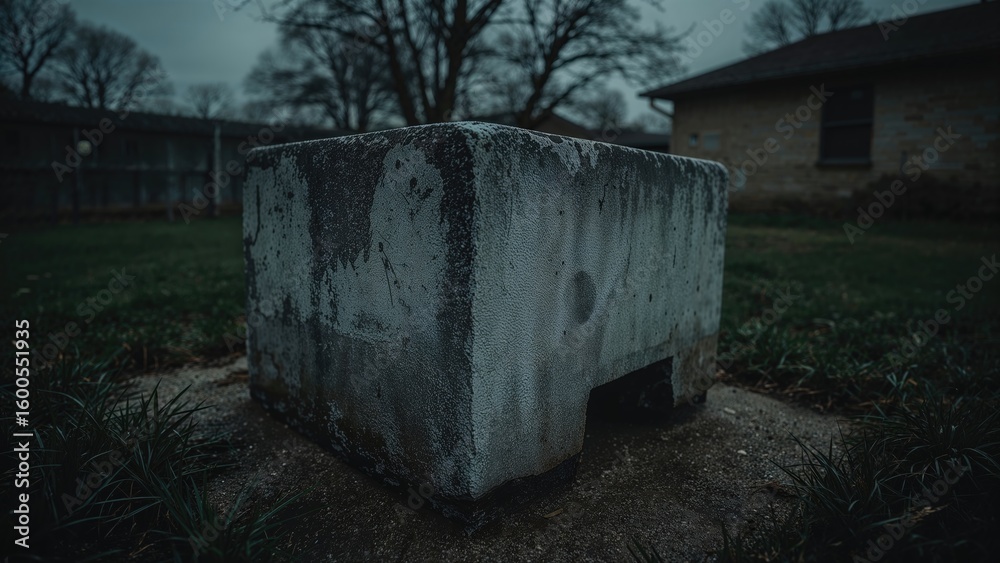 Naklejka premium Symmetrically shaped old concrete block in the front yard becoming dirty