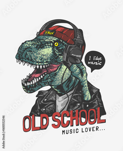 old school slogan with dinosaur listening on headphone graphic vector illustration