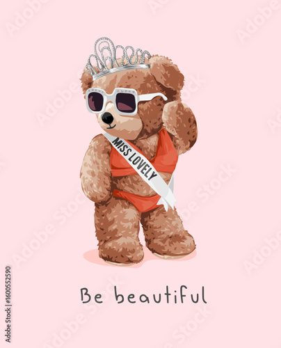 cute bear doll in bikini and sash vector illustration