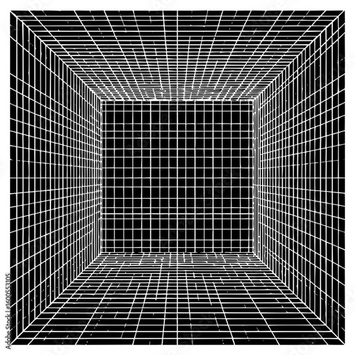 White grid lines forming a three dimensional cube like structure on a black background creating perspective
