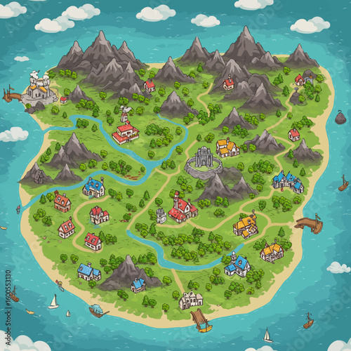 Whimsical island map depicting villages, mountains, rivers, and coastal settlements.