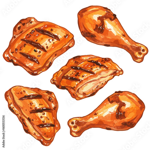 Watercolor illustration of delicious grilled chicken pieces with crispy skin food art
