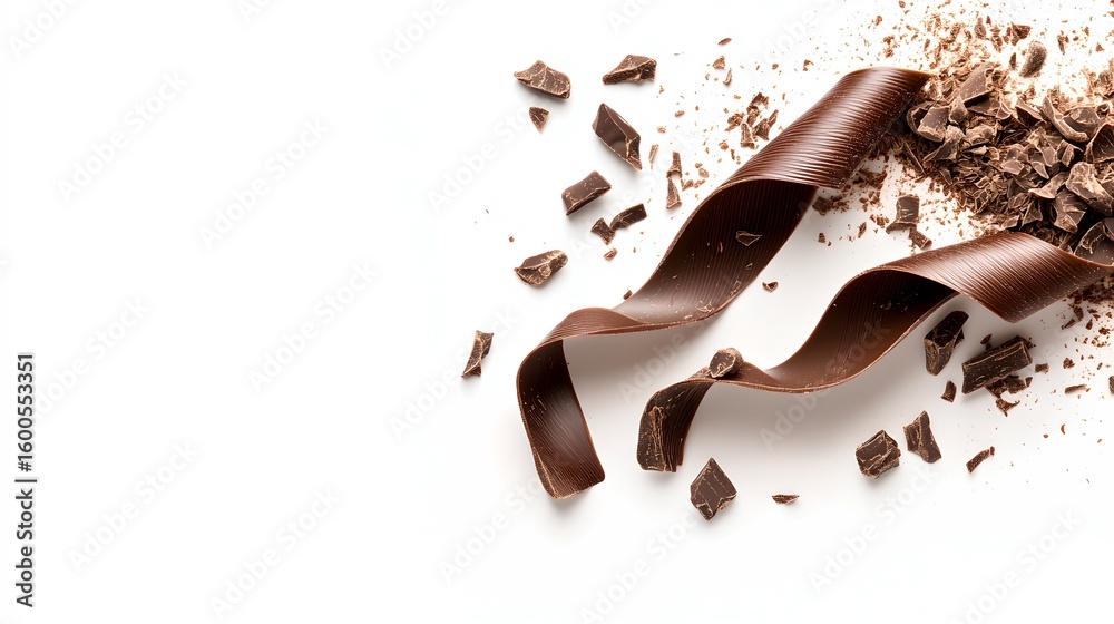 Fototapeta premium Close up of a high dark chocolate bar with shavings and broken pieces scattered around it on a plain background