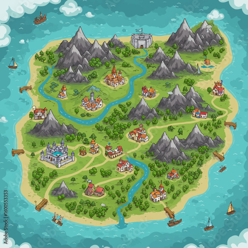 A vibrant, illustrated map showcasing a fantasy island with various settlements, mountains, and waterways.