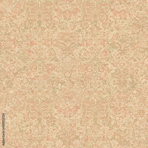 Ornate, repeating floral damask pattern in muted peach and beige tones.