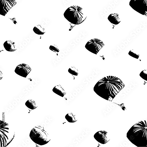 Monochrome pattern of numerous parachutes descending against a solid white background in varied sizes
