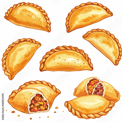 Watercolor illustration of traditional Latin American empanadas savory pastries food collection