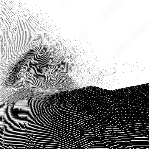 Illustration of a monochrome landscape with mountains and a textured sky using line art technique
