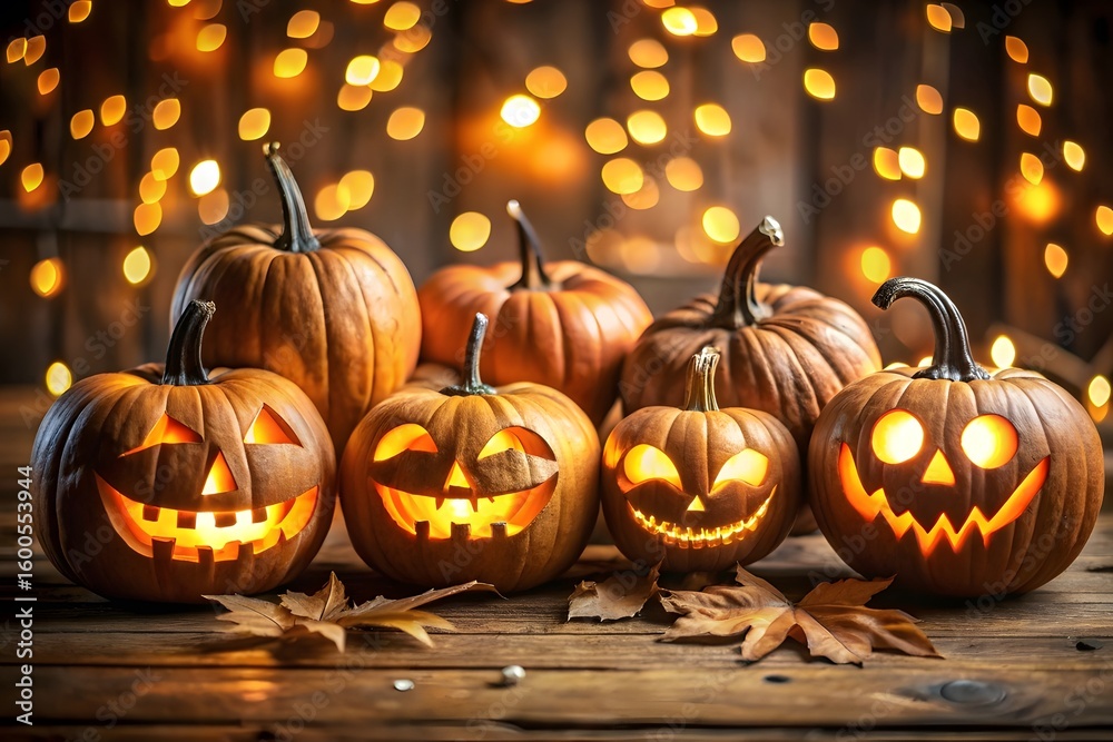 Fototapeta premium A diverse collection of carved jackolantern pumpkins with glowing faces are arranged on a wooden table illuminated by warm string lights