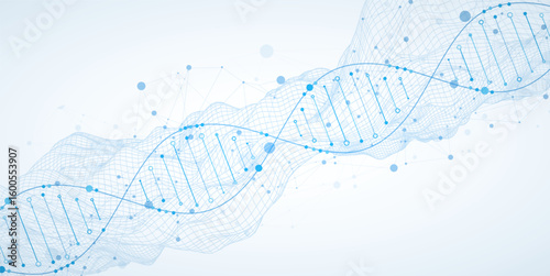 Abstract image of DNA molecule on wireframe wave. Scientific vector background.