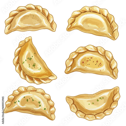 Delicious golden dumplings pierogi empanadas food collection hand drawn watercolor illustration