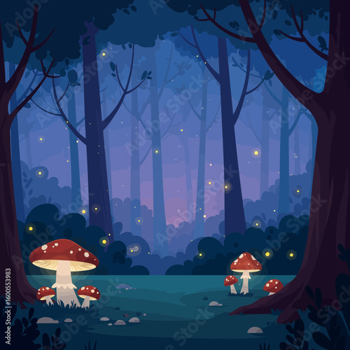 A magical night forest scene with glowing fireflies and red mushrooms.