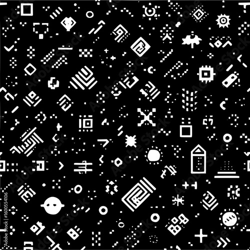Monochrome background with a multitude of small geometric shapes and glyphs scattered across the surface